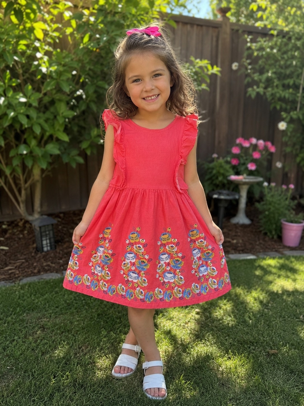 Girls' Coral Pink Floral Ruffle-Sleeve Dress
